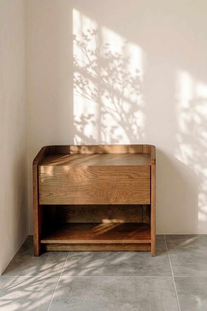 Mesa de Noche Boreal en madera natural, fabricada a medida por Casa Líder en Medellín