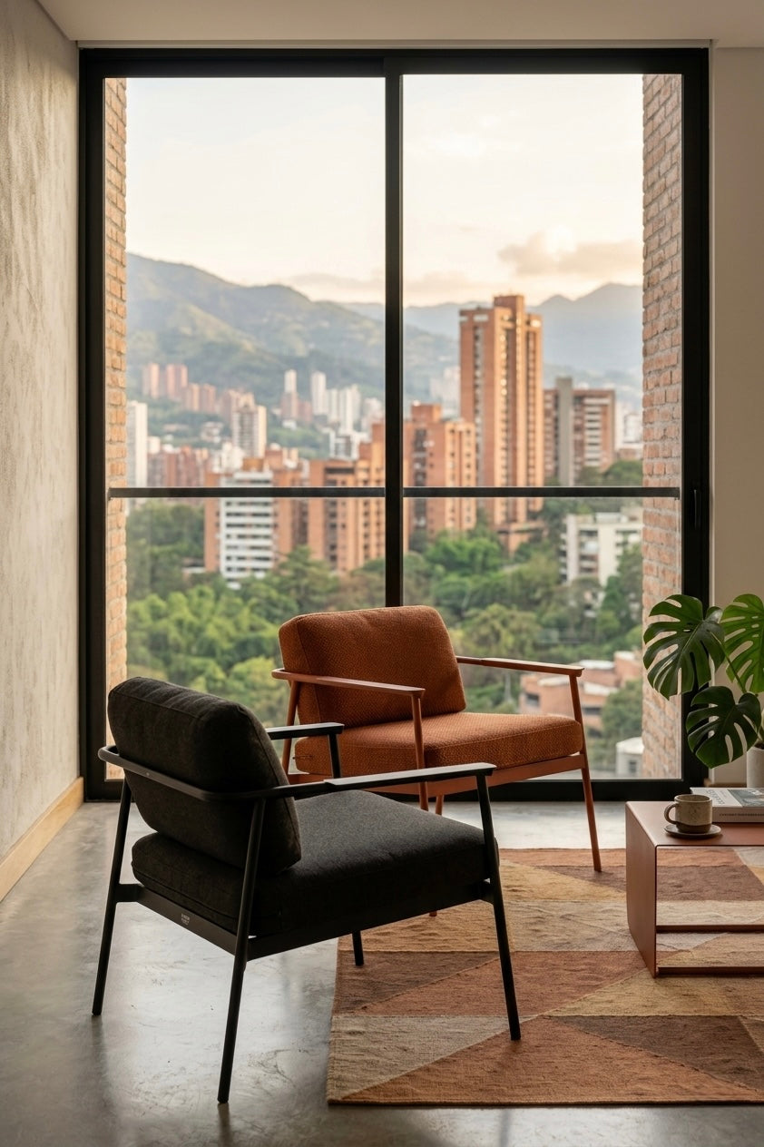 Poltrona Tokio tapizada a medida con estructura en madera natural, Casa Líder Medellín